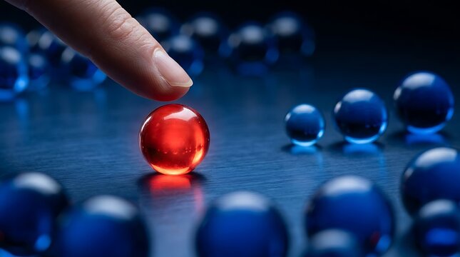 Finger touching red ball among blue spheres representing unique idea or standout concept.