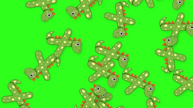 Animated Cartoon Dinosaur Characters Falling Against a Green Screen Background