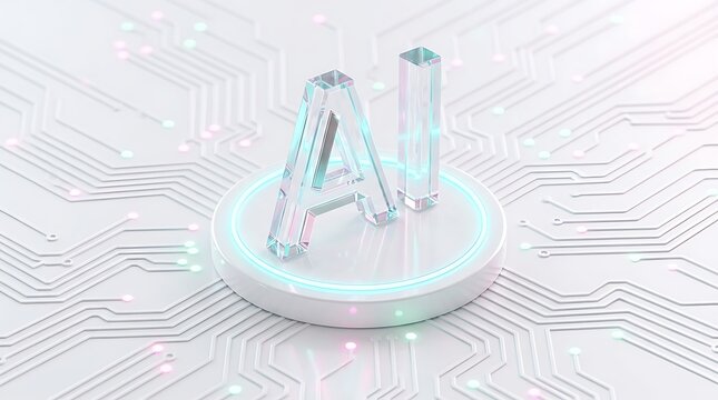 Abstract AI symbol made of glass on circuit board background with futuristic digital glow and soft lights.