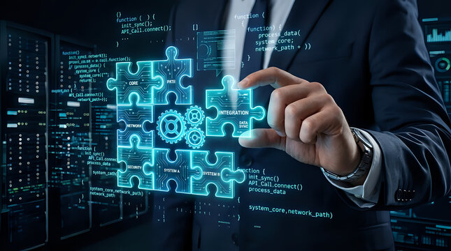 Businessman manipulating glowing blue puzzle pieces hologram representing digital data integration system