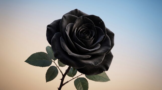 Black Rose Viewed Overhead with Green Leaves Against Gradient Sky. Dark Floral Design, Symbolic Bloom, Elegant Contrast