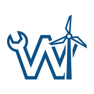 Wind turbine and wrench logo symbol for green energy maintenance
