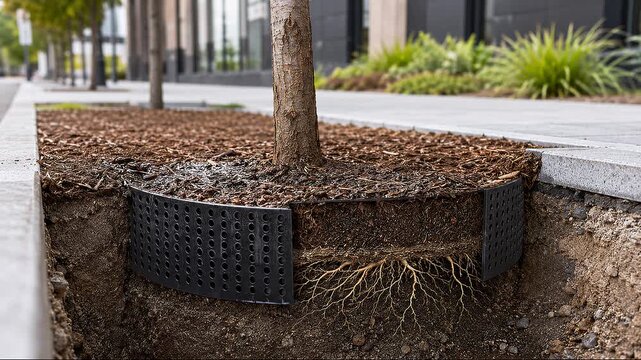 Perforated Root Aeration Ring Around Young Street Tree in Permeable Mulch
