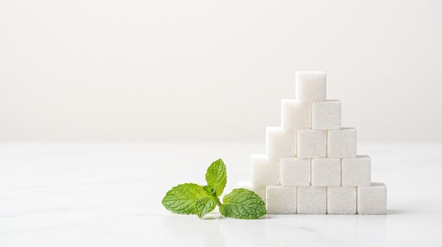 ​A stack of refined white sugar cubes neatly arranged in a pyramid shape, accompanied by fresh green mint leaves on a bright, minimalist white surface.