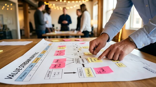 Hands pointing at value stream mapping chart with sticky notes in office meeting, teamwork and planning for business improvement.