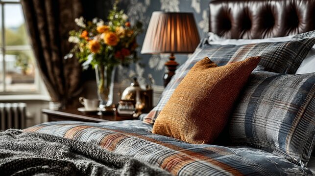Madras-style bedding set arranged in a superb flat, colorful plaid patterns on bed, cozy home interior, soft light, stylish bedroom decor, inviting atmosphere, high detail textile texture
