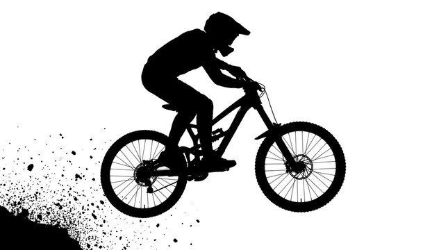 Silhouette of a Mountain Biker Jumping on White Background
