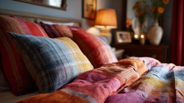 Madras-style bedding set arranged in a superb flat, colorful plaid patterns on bed, cozy home interior, soft light, stylish bedroom decor, inviting atmosphere, high detail textile texture