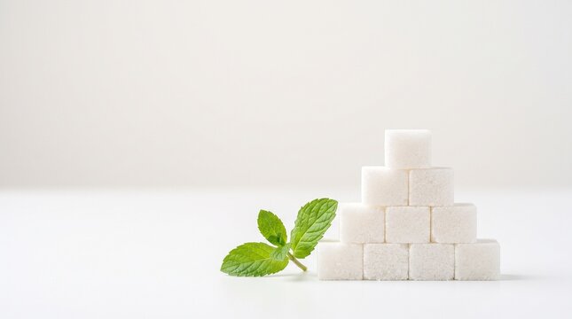 ​A stack of refined white sugar cubes neatly arranged on a white plate, accompanied by a fresh green mint sprig on the side against a bright, minimalist background.