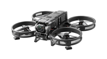 Modern FPV drone with cinematic camera, professional quadcopter for aerial filming, high-tech black drone on white background © Rukhsana