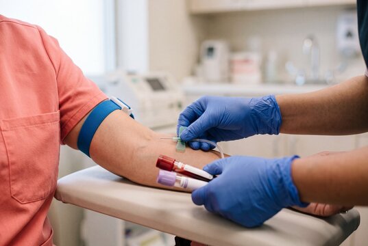 A professional phlebotomist in blue medical gloves performing a routine blood draw on a patient&rsquo;s arm in a clinical setting.