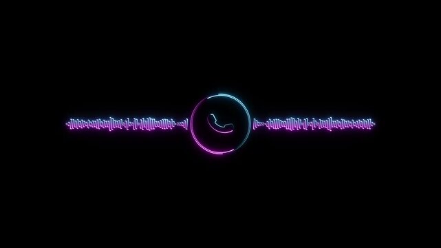 A cyan and magenta neon outline of a telephone receiver within a circle is centered between two colorful neon sound wave visualizations against a deep black background. Keywords: audio, call
