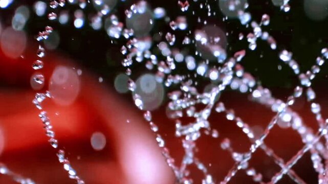 Water impact creates dynamic droplets and ripples across a black surface.