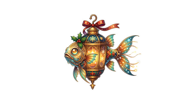 Decorative Christmas fish lantern ornament with festive holly and glowing light isolated