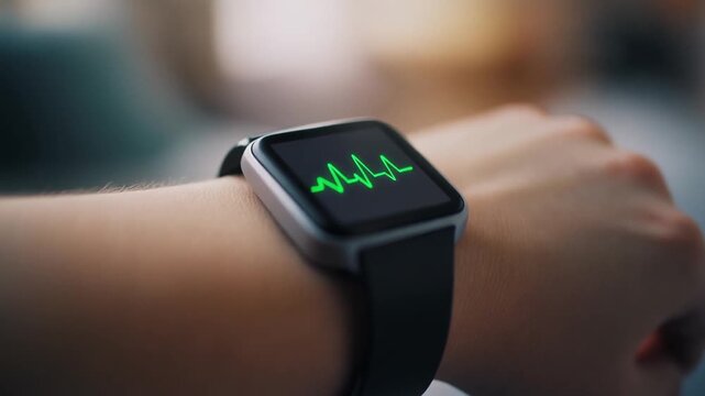 Extreme close up of a smartwatch displaying green ECG heart rate line on senior wrist