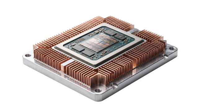High-performance CPU processor with copper heatsink, advanced computer microchip on white background, hardware engineering component