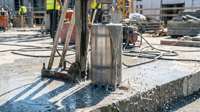 Core drilling into concrete slab with water and slurry spray at construction site, structural testing and building development.