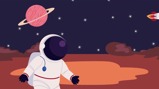 Astronaut in White Spacesuit Standing on Red Rocky Planet Surface Under Dark Starry Sky with Pink Ringed Planet, Animated Sci-Fi Outer Space Vector Motion Graphic for Galaxy Exploration Project.