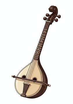 Classic acoustic guitar with ornate design and tuning pegs.