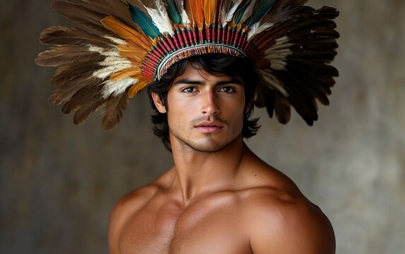 A young man with a strong physique wears a traditional indigenous headdress, looking directly at the camera.