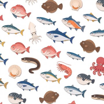 Colorful Japanese seafood and marine life illustration (fish, squid, shrimp and shellfish)