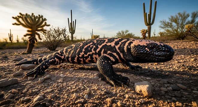 Gila monster lizard crawling on rocky desert ground