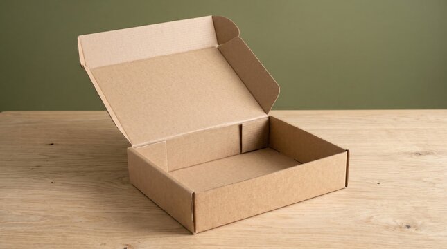 Open Corrugated Cardboard Box on Wooden Table