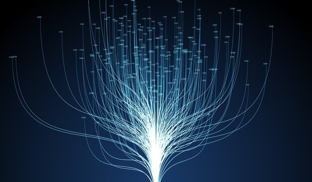 Abstract data visualization showing glowing digital particles forming a tree