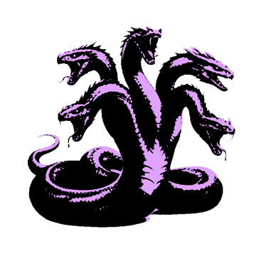 Powerful mythical hydra creature illustration featuring a multi-headed snake design in bold black and purple duotone colors.