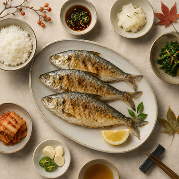 Grilled Gizzard Shad with Rice and Korean Side Dishes