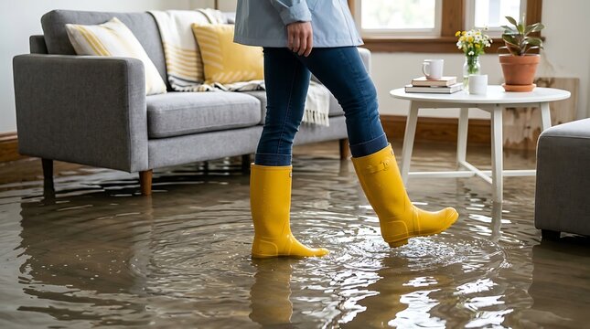 Person wearing bright yellow waterproof rubber boots wading through indoor flood water damage inside living room with damaged furniture during home emergency crisis.