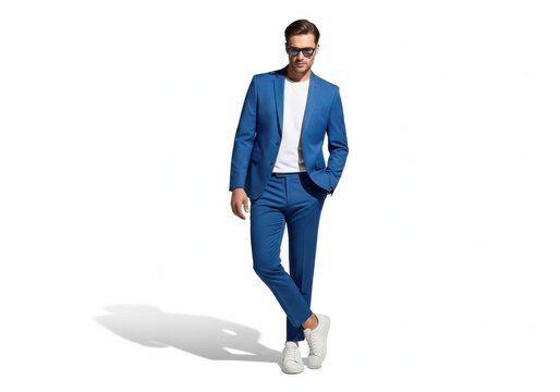 Young man in blue suit walking and looking confident