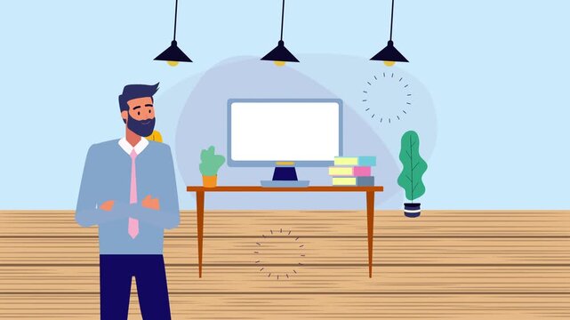 Man working at a desk in a modern office setting with computer monitor, books, potted plants, and warm overhead lighting, minimalist flat line art motion graphic for business workflow concept.