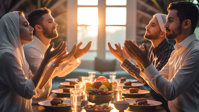 Muslim family members wearing traditional modest clothing sitting together around a rustic wooden table indoors during golden hour light to perform peaceful prayer rituals before sharing a delicious 