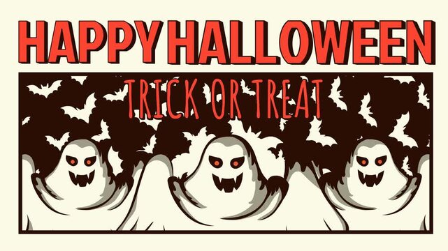 4K retro comic Halloween loop with three white ghosts, flying bat swarm on dark background, bold red text, and cream frame. Ideal for promos and digital displays.