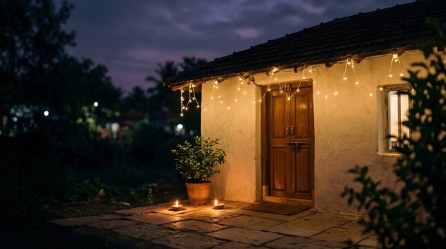 A rustic house exterior decorated with string lights and oil lamps at dusk