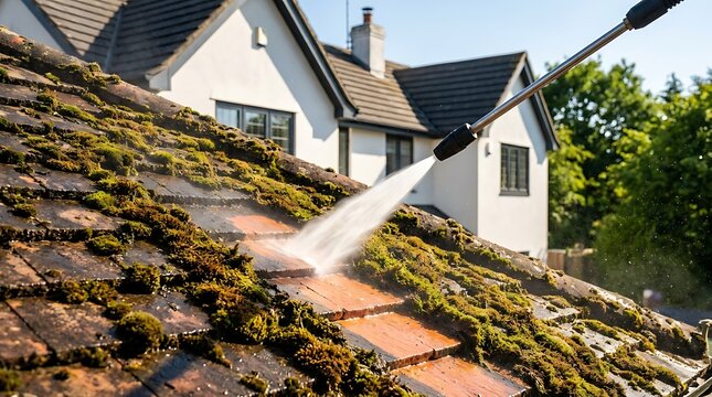 Pressure washing mossy roof tiles with power washer cleaning house exterior for property maintenance and exterior cleaning services on sunny day.
