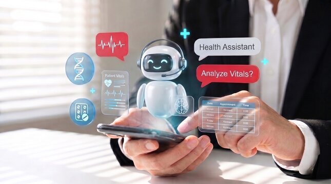 ai health assistant on smartphone for patient vital analysis, appointment scheduling, medication support, and digital medical communication.

