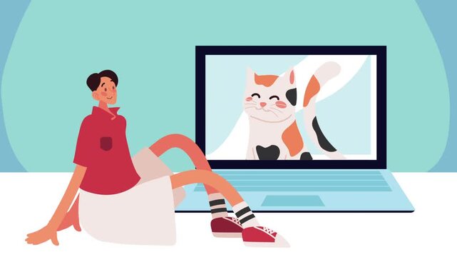 Person working on a laptop displaying a cute cat on the screen, sitting in a cozy room, smooth motion graphic background suitable for pet care, lifestyle, remote work, and digital media concepts.