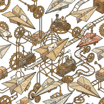 Vintage Mechanical Airplane and Gear Illustration Pattern.