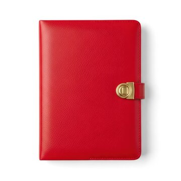 Red leather notebook with gold clasp isolated on white background