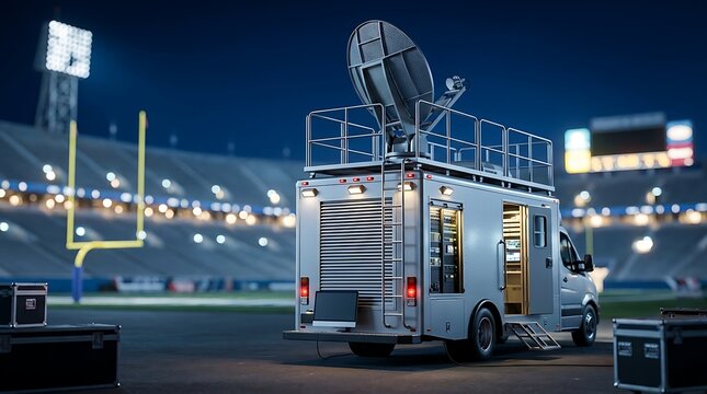 Outside broadcast van with satellite dish ready for live sports event broadcasting at stadium at night, film production equipment.