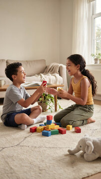 Two happy children playing with colorful building blocks on a cozy rug in a living room.