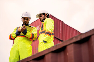 Fototapeta premium Logistics engineers resting and talking on top of cargo container at freight yard. Workplace Break, Container Logistics, Freight Terminal, Teamwork, Industrial Inspection