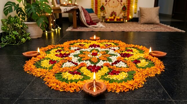 Beautiful floral rangoli design with lit clay diyas on a dark floor for diwali celebration