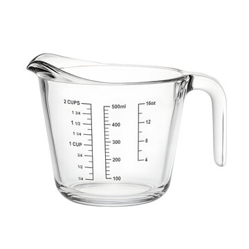 Clear glass measuring cup for baking and cooking on an isolated background.