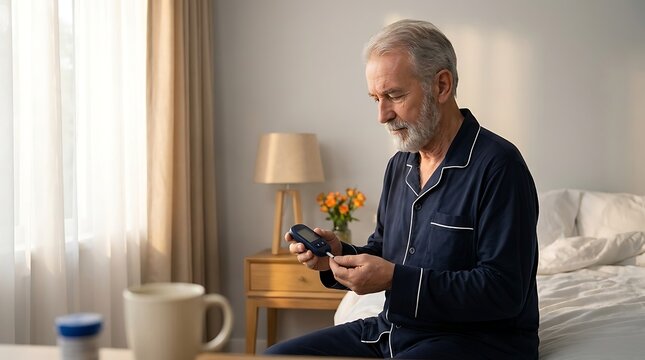 Elderly man with gray hair and beard sitting in bed checking his blood sugar levels with a glucose meter in pajamas.