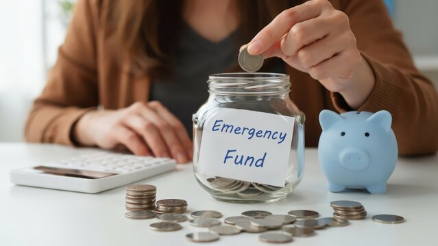 Person putting a coin into a glass jar labeled emergency fund