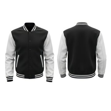 Black and white varsity jacket isolated on white background