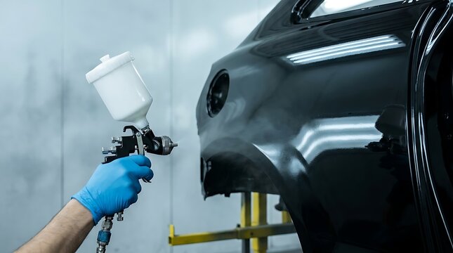 Professional auto painter wearing blue gloves applies glossy black paint to a car body using a spray gun in a professional paint booth for automotive repair.